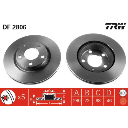 Vw Passat B5/B5.5 első féktárcsa (280mm, hűtött) - TRW (DF2806) SZETT (2db)